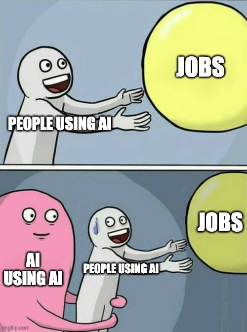 Image of people using AI getting replaced by AI using AI