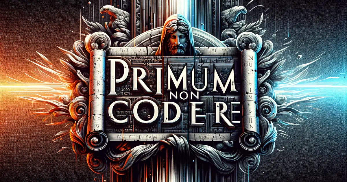 Illustration showing ancient stone tablets with the inscription 'primum non codere' (inspired by primum non noncere: first, do no harm)