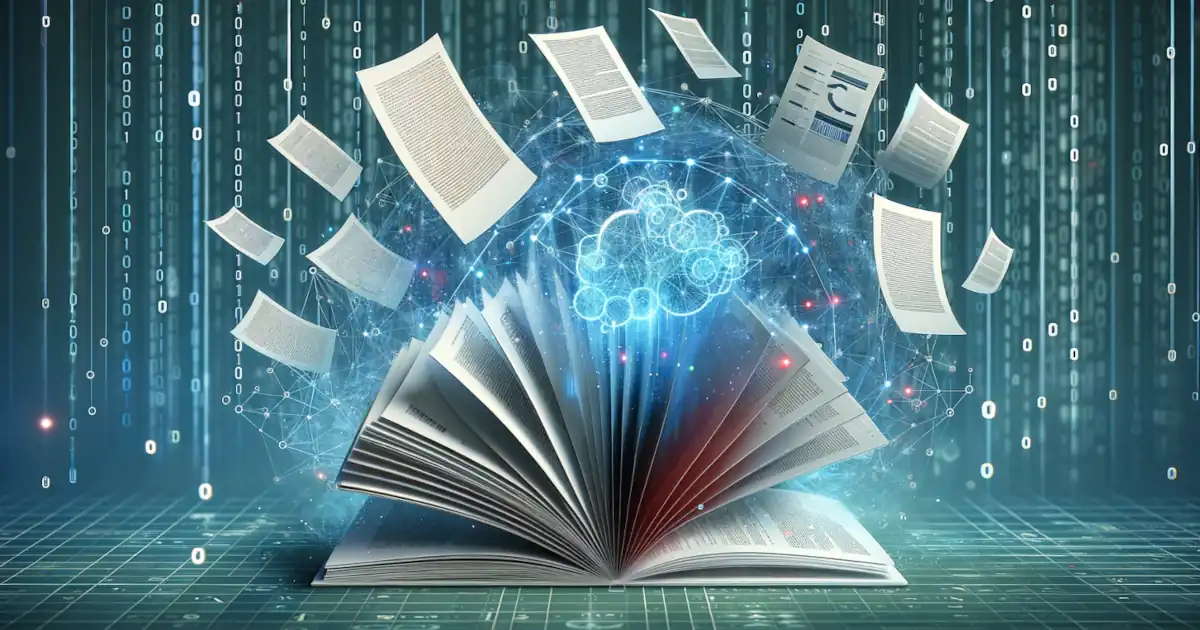 Decorative image showing a book and flying documents with an AI-themed overlay
