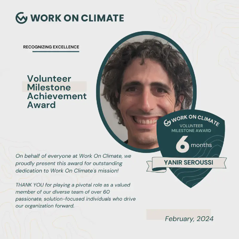 Six-month milestone award from Work on Climate, recognising my contribution to the organisation.