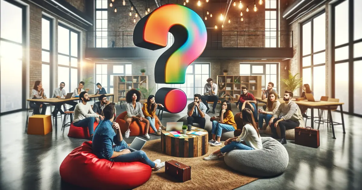 startupy people in a startupy space around a massive question mark (good old ChatGPT...)