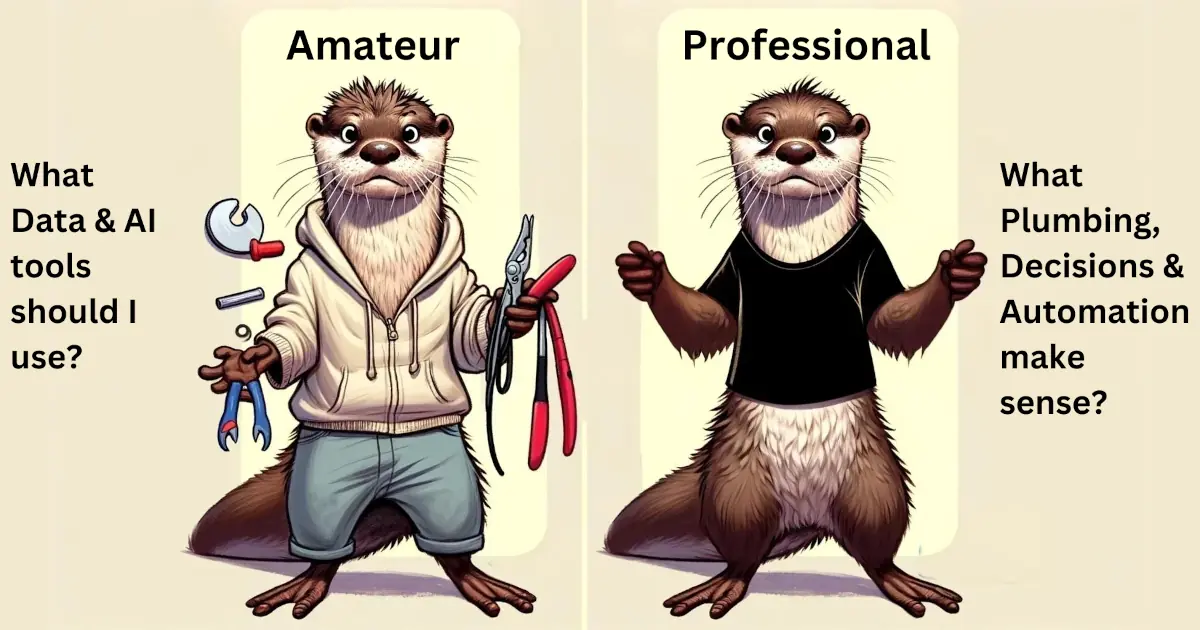 contrasting an amateur and a professional otter; the amateur asks about tools, the professional asks about plumbing, decisions, and automation