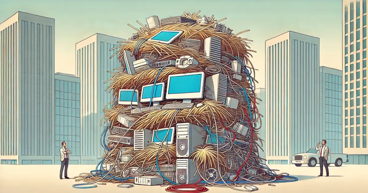 a stack of computers, wires, and hay in an office area