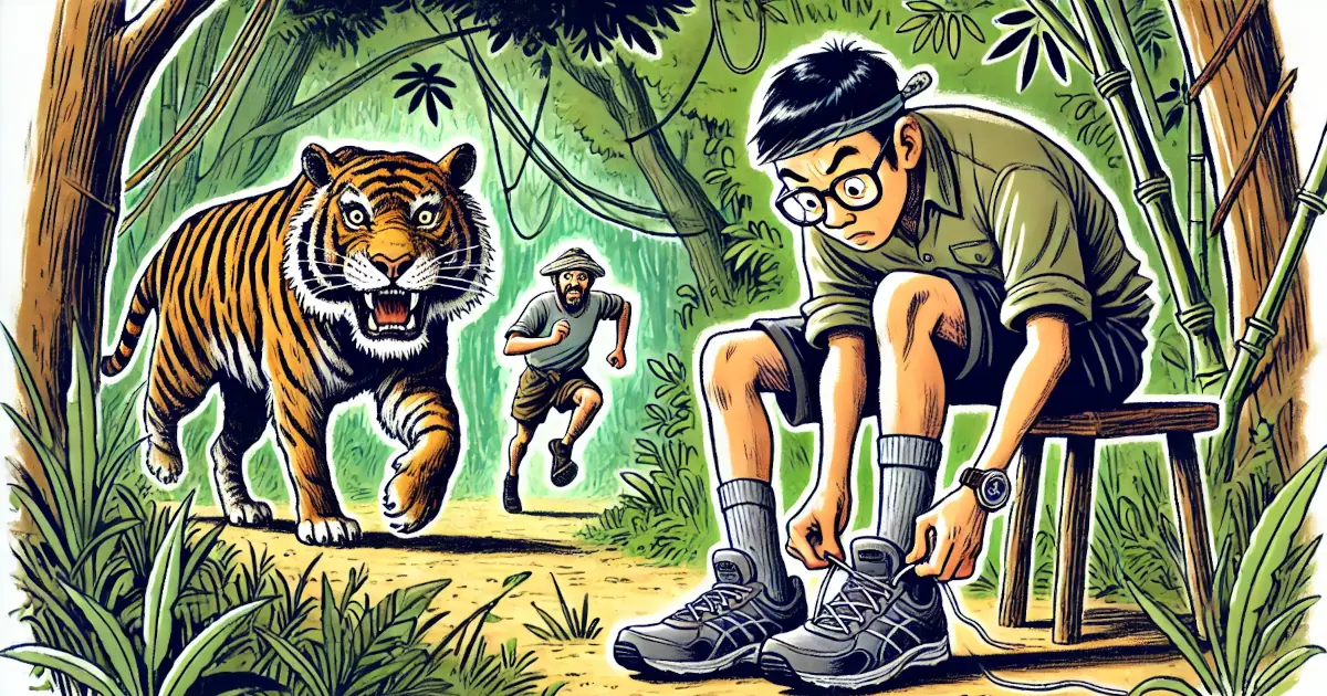 a man putting on shoes to outrun other people (not the tiger)