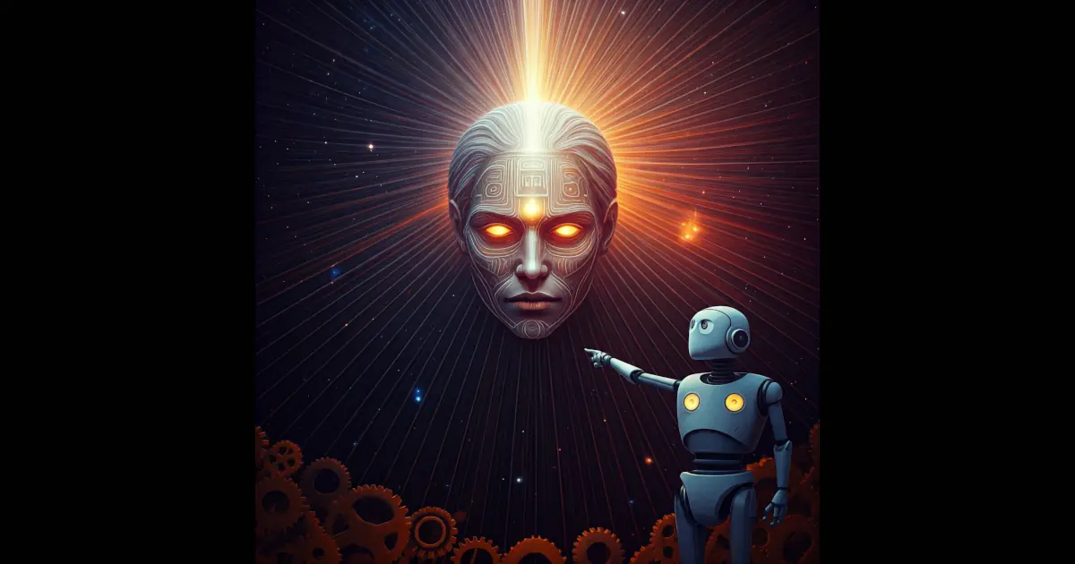 A robotic intern points towards a glowing AI God surrounded by cogs