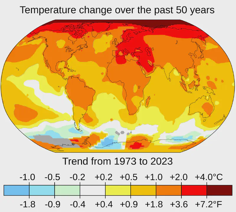 Changes in surface air temperature from 1973 to 2023. Source: Wikipedia.